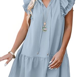 Dokotoo 2024 Sky Blue V-Neck Ruffle Mini Sundress
